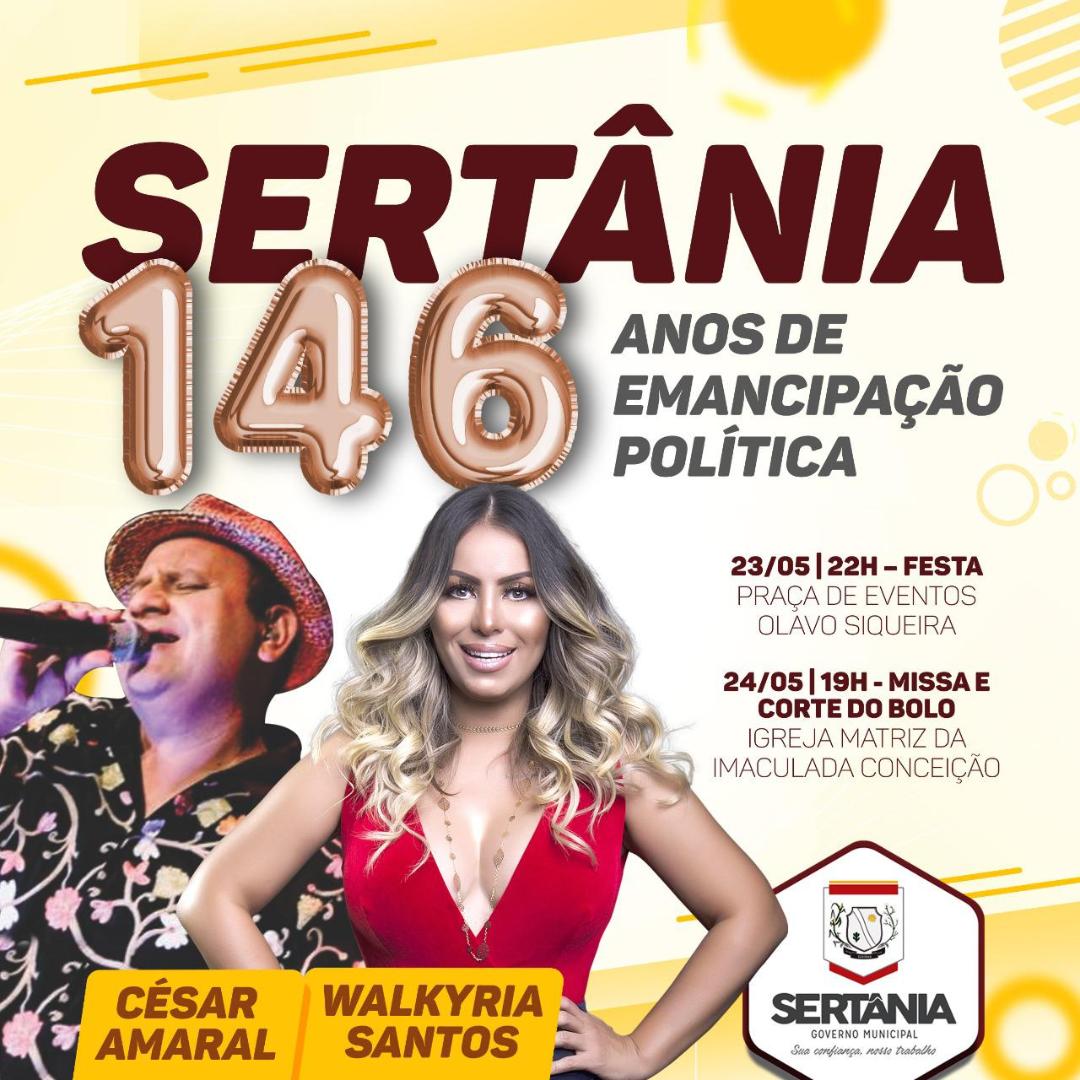 Leia mais sobre o artigo Aniversário de 146 anos de Sertânia será comemorado com shows de César Amaral e Walkyria Santos﻿